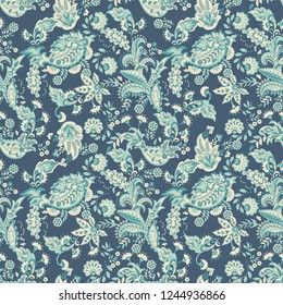 Paisley vector seamless pattern. Fantastic flower, leaves. Batik style painting. Vintage background