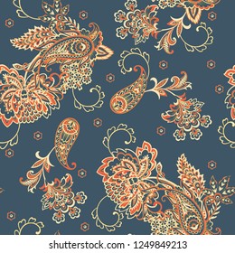 Paisley vector seamless pattern. Fantastic flower, leaves. Textile bohemian print. Batik painting. Vintage