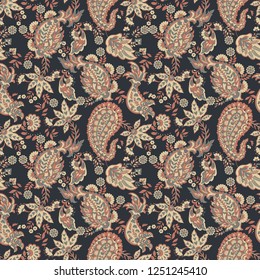 Paisley vector seamless pattern. Fantastic flower, leaves. Textile bohemian print. Batik painting. Vintage