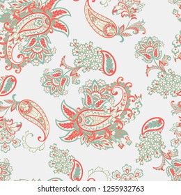 Paisley vector seamless pattern. Fantastic flower, leaves. Batik style painting. Vintage background