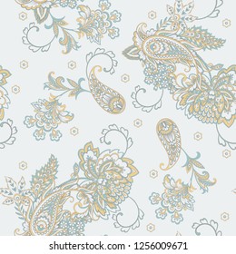 Paisley vector seamless pattern. Fantastic flower, leaves. Textile bohemian print. Batik painting. Vintage