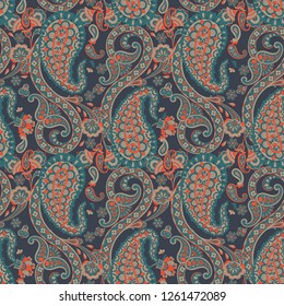 Paisley vector seamless pattern. Fantastic flower, leaves. Batik style painting. Vintage background