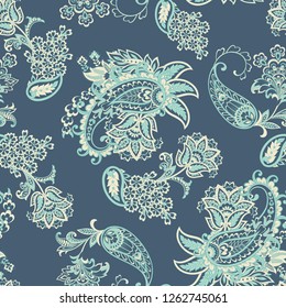 Paisley vector seamless pattern. Fantastic flower, leaves. Batik style painting. Vintage background