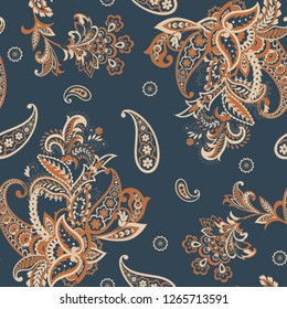 Paisley vector seamless pattern. Fantastic flower, leaves. Textile bohemian print. Batik painting. Vintage