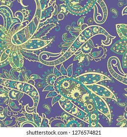 Paisley vector seamless pattern. Fantastic flower, leaves. Textile bohemian print. Batik painting. Vintage