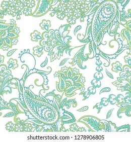 Paisley vector seamless pattern. Fantastic flower, leaves. Textile bohemian print. Batik painting. Vintage