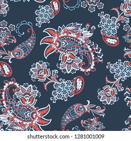 Paisley vector seamless pattern. Fantastic flower, leaves. Batik style painting. Vintage background