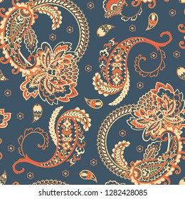 Paisley vector seamless pattern. Fantastic flower, leaves. Batik style painting. Vintage background