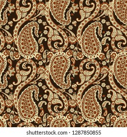 Paisley vector seamless pattern. Fantastic flower, leaves. Batik style painting. Vintage background