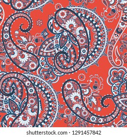 Paisley vector seamless pattern. Fantastic flower, leaves. Batik style painting.