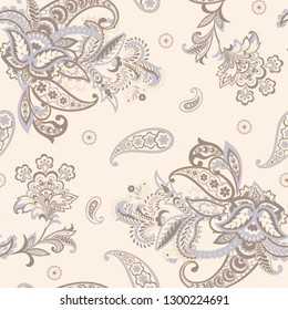 Paisley vector seamless pattern. Fantastic flower, leaves. Textile bohemian print. Batik painting. Vintage