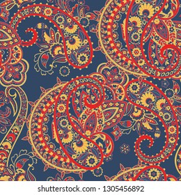 Paisley vector seamless pattern. Fantastic flower, leaves. Batik style painting.