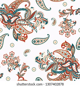 Paisley vector seamless pattern. Fantastic flower, leaves. Textile bohemian print. Batik painting. Vintage