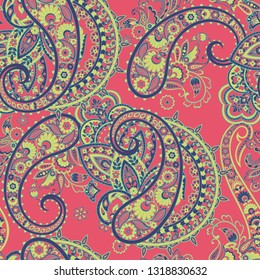 Paisley vector seamless pattern. Fantastic flower, leaves. Batik style painting.