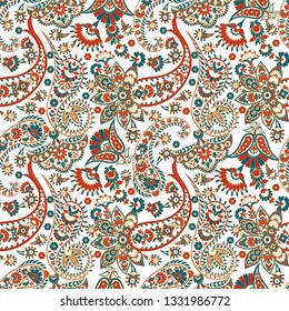 Paisley vector seamless pattern. Fantastic flower, leaves. Textile bohemian print. Batik painting. Vintage