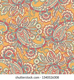 Paisley vector seamless pattern. Fantastic flower, leaves. Batik style painting. Vintage background