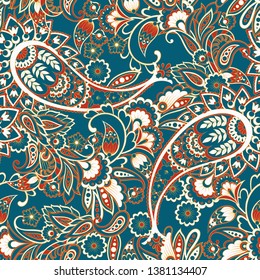 Paisley vector seamless pattern. Fantastic flower, leaves. Textile bohemian print. Batik painting. Vintage