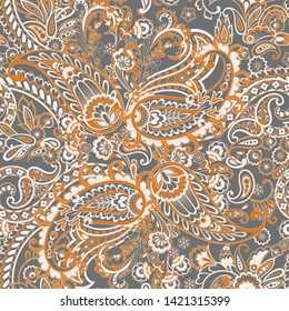 Paisley vector seamless pattern. Fantastic flower, leaves. Batik style painting. Vintage background