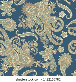 Paisley vector seamless pattern. Fantastic flower, leaves. Textile bohemian print. Batik painting. Vintage