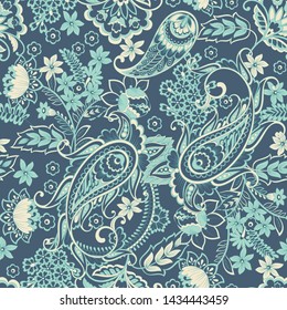 Paisley vector seamless pattern. Fantastic flower, leaves. Batik style painting. Vintage background