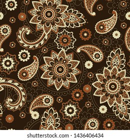Paisley vector seamless pattern. Fantastic flower, leaves. Batik style painting. Vintage background
