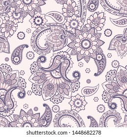 Paisley vector seamless pattern. Fantastic flower, leaves. Textile bohemian print. Batik painting. Vintage