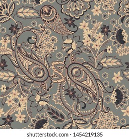 Paisley vector seamless pattern. Fantastic flower, leaves. Batik style painting. Vintage background