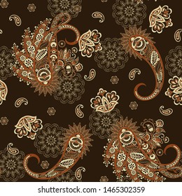 Paisley vector seamless pattern. Fantastic flower, leaves. Textile bohemian print. Batik painting. Vintage