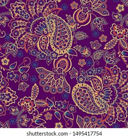Paisley vector seamless pattern. Fantastic flower, leaves. Textile bohemian print. Batik painting. Vintage