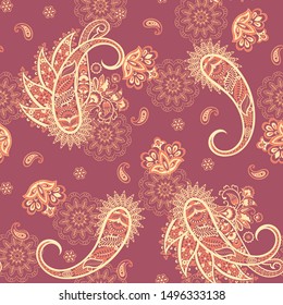 Paisley vector seamless pattern. Fantastic flower, leaves. Textile bohemian print. Batik painting. Vintage