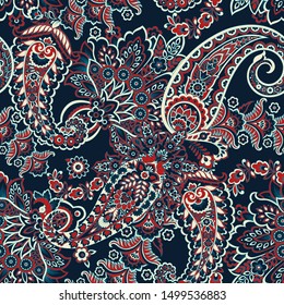 Paisley vector seamless pattern. Fantastic flower, leaves. Textile bohemian print. Batik painting. Vintage