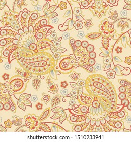 Paisley vector seamless pattern. Fantastic flower, leaves. Textile bohemian print. Batik painting. Vintage