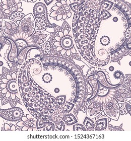 Paisley vector seamless pattern. Fantastic flower, leaves. Textile bohemian print. Batik painting. Vintage