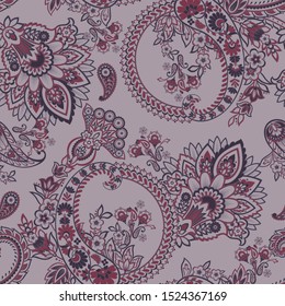 Paisley vector seamless pattern. Fantastic flower, leaves. Textile bohemian print. Batik painting. Vintage