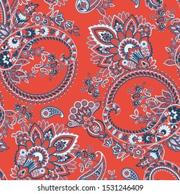 Paisley vector seamless pattern. Fantastic flower, leaves. Textile bohemian print. Batik painting. Vintage