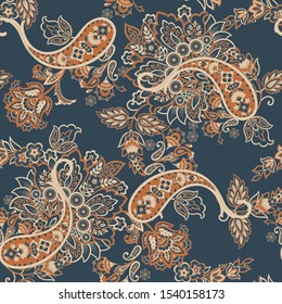 Paisley vector seamless pattern. Fantastic flower, leaves. Batik style painting. Vintage background