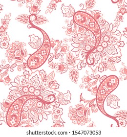 Paisley vector seamless pattern. Fantastic flower, leaves. Batik style painting. Vintage background