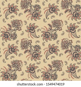 Paisley vector seamless pattern. Fantastic flower, leaves. Batik style painting. Vintage background