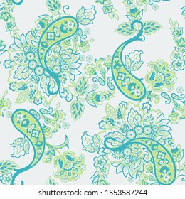 Paisley vector seamless pattern. Fantastic flower, leaves. Batik style painting. Vintage background