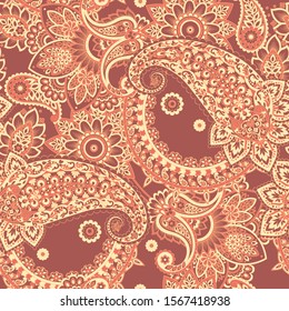 Paisley vector seamless pattern. Fantastic flower, leaves. Textile bohemian print. Batik painting. Vintage