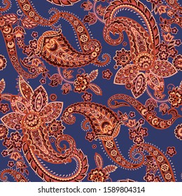 Paisley vector seamless pattern. Fantastic flower, leaves. Batik style painting. Vintage background