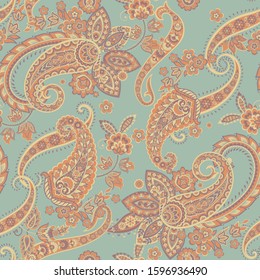 Paisley vector seamless pattern. Fantastic flower, leaves. Batik style painting. Vintage background