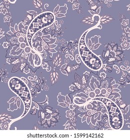 Paisley vector seamless pattern. Fantastic flower, leaves. Batik style painting. Vintage background