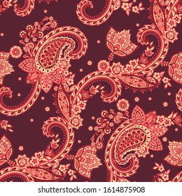 Paisley vector seamless pattern. Fantastic flower, leaves. Textile bohemian print. Batik painting. Vintage