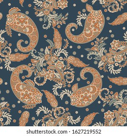Paisley vector seamless pattern. Fantastic flower, leaves. Textile bohemian print. Batik painting. Vintage