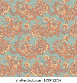 Paisley vector seamless pattern. Fantastic flower, leaves. Batik style painting. Vintage background