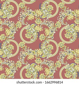 Paisley vector seamless pattern. Fantastic flower, leaves. Batik style painting. Vintage background