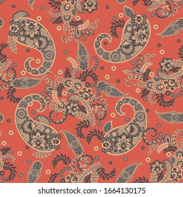 Paisley vector seamless pattern. Fantastic flower, leaves. Textile bohemian print. Batik painting. Vintage