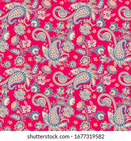 Paisley vector seamless pattern. Fantastic flower, leaves. Textile bohemian print. Batik painting. Vintage