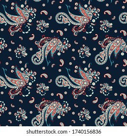 Paisley vector seamless pattern. Fantastic flower, leaves. Textile bohemian print. Batik painting. Vintage